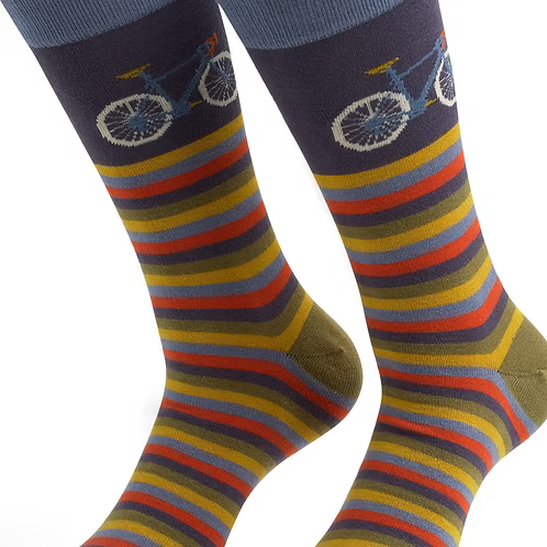Colorful striped socks with bicycle design