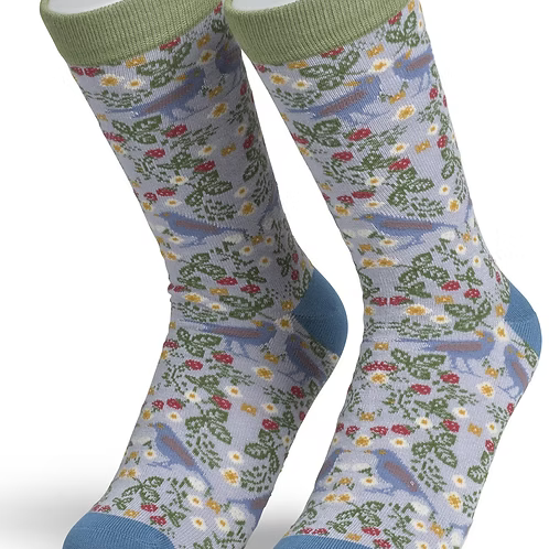 Pair of socks with floral and bird pattern