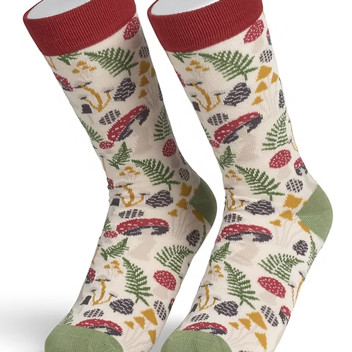 Pair of socks with a nature-themed pattern on a white background