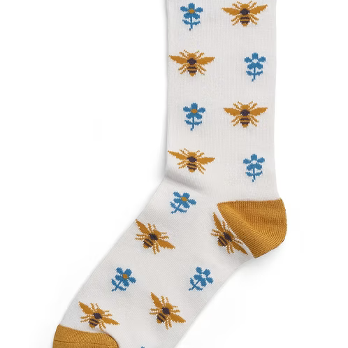 White sock with bee and flower pattern, blue cuff and yellow toe and heel