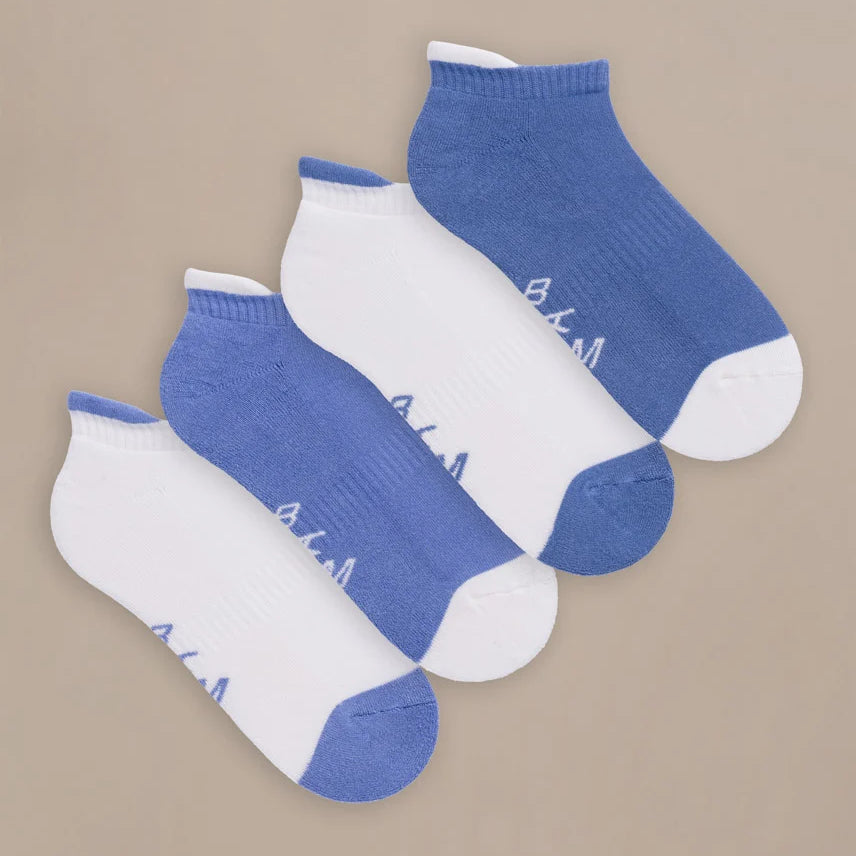 set of luxe trainer socks in blue and white by BAM