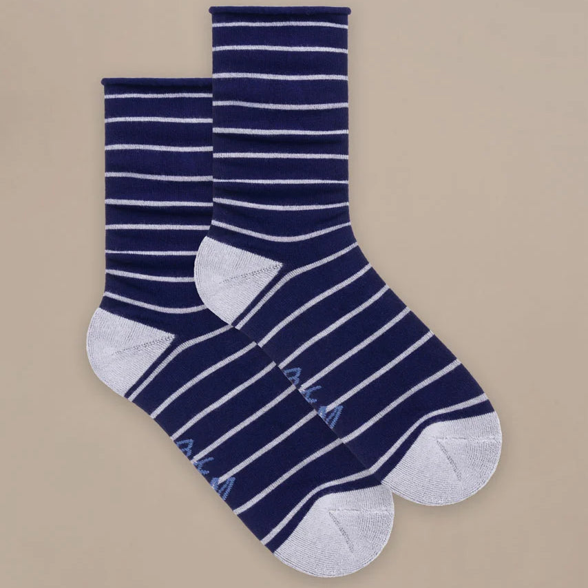 Pair of navy blue and white striped socks