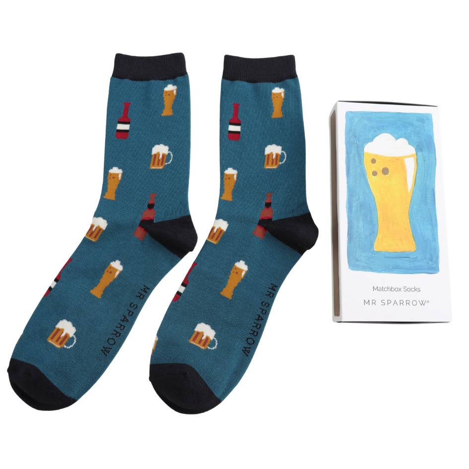 beer theme bamboo socks in a matchbox style gift box by Mr Sparrow