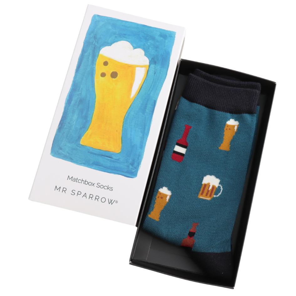 beer theme bamboo socks in a matchbox style gift box by Mr Sparrow