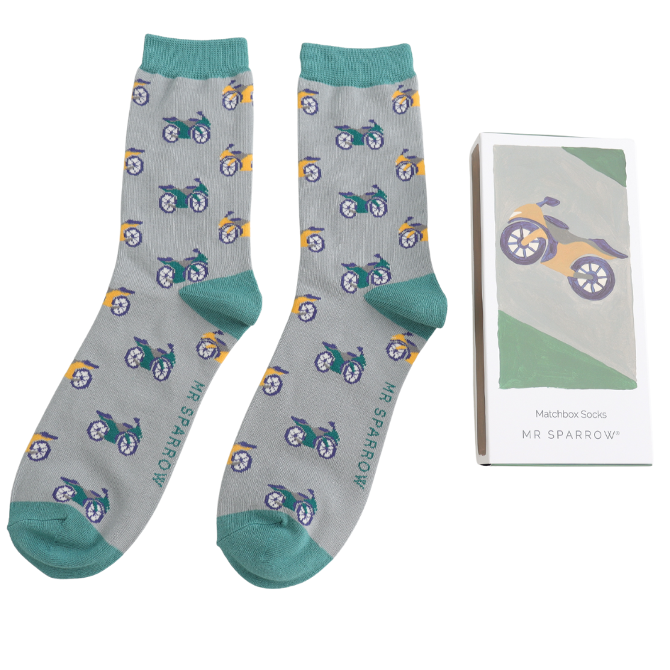 motorbike theme bamboo socks in a matchbox style gift box