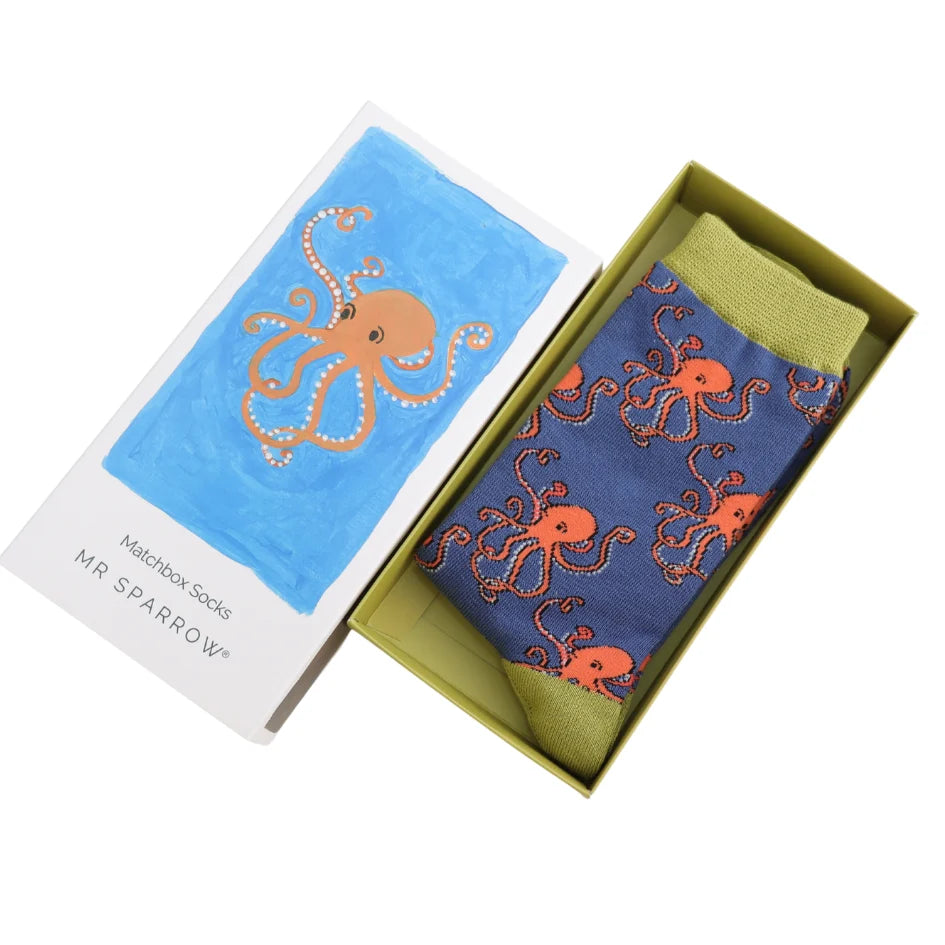 octopus theme bamboo socks in a matchbox style gift box