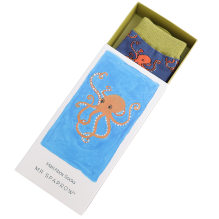 octopus theme bamboo socks in a matchbox style gift box