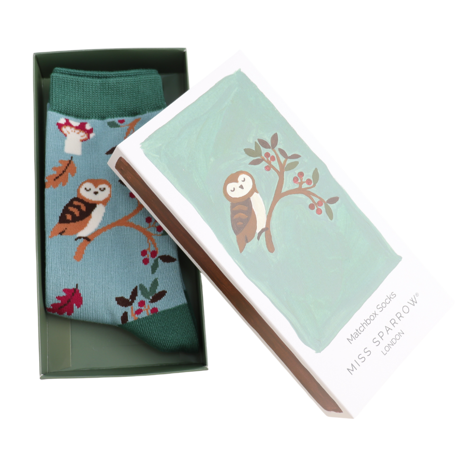 bamboo matchbox socks with owl theme by Miss Sparrow