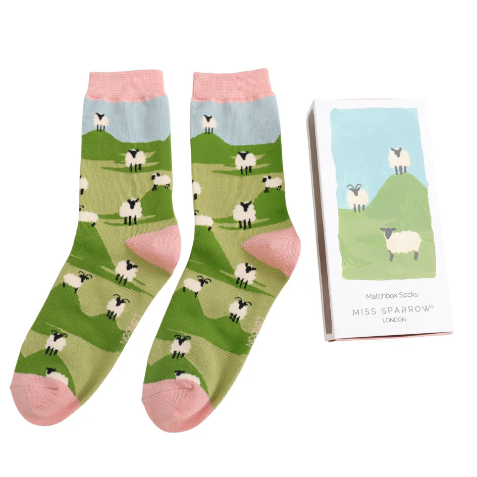 matchbox gift bamboo socks with sheep theme by Miss Sparrow