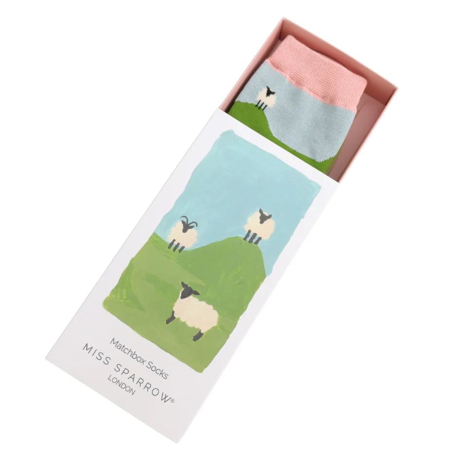 matchbox gift bamboo socks with sheep theme by Miss Sparrow