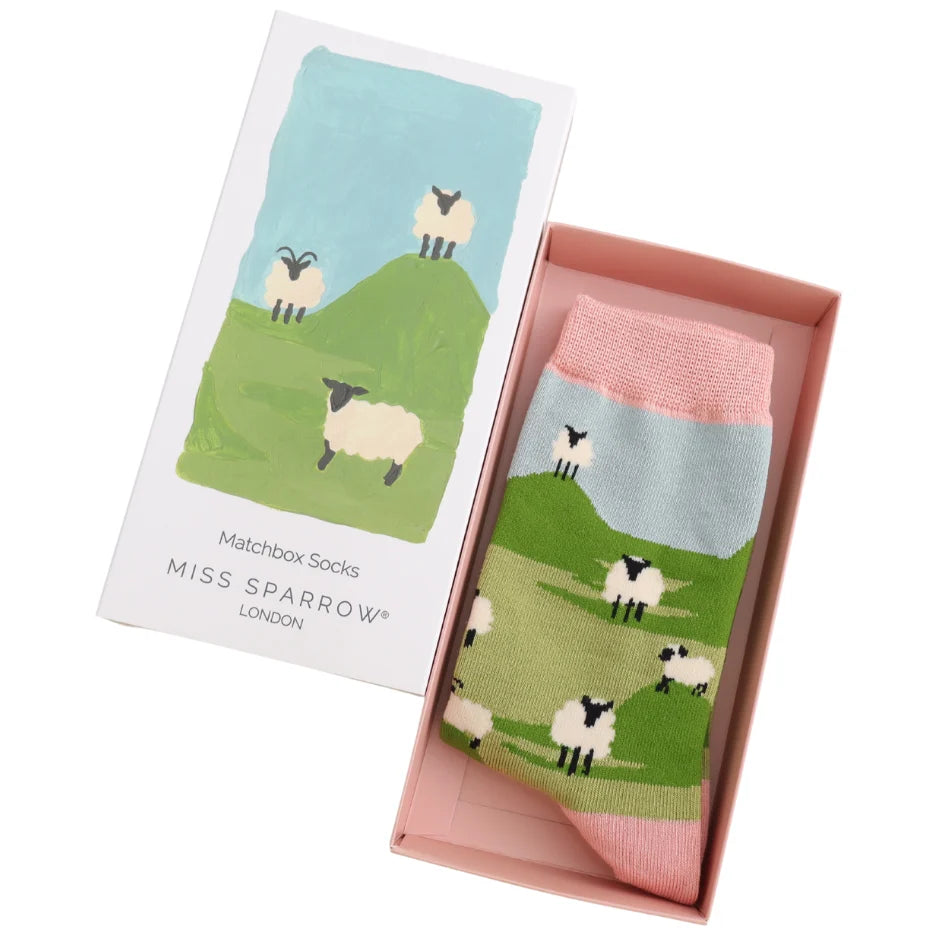 matchbox gift bamboo socks with sheep theme by Miss Sparrow