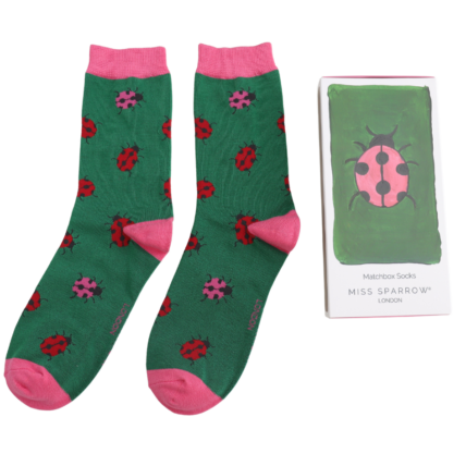 ladybug theme bamboo socks in a matchbox style gift box