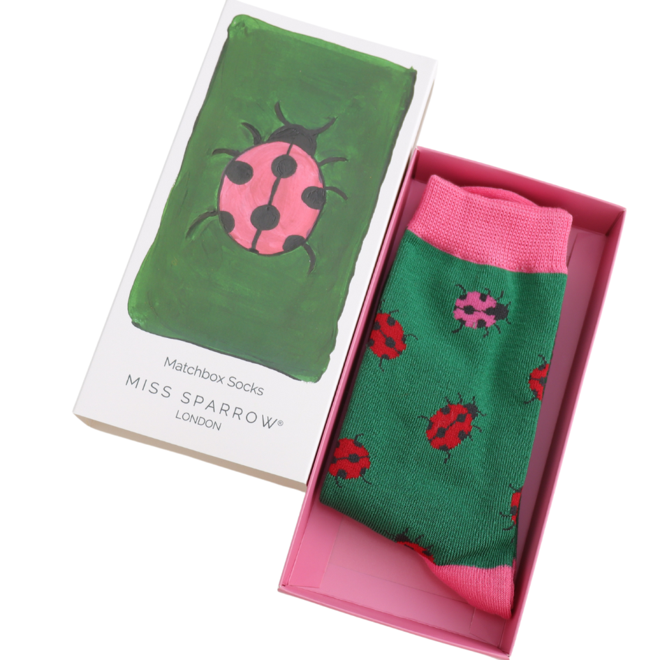 ladybug theme bamboo socks in a matchbox style gift box