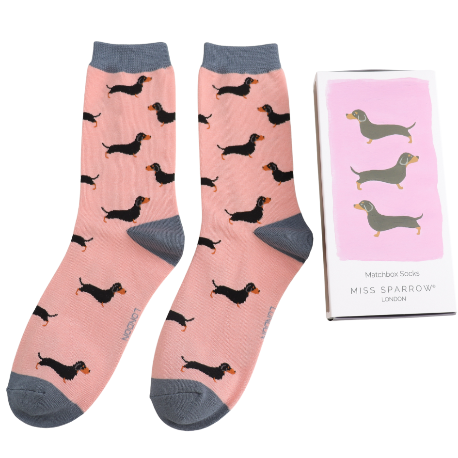 matchbox bamboo socks with a sausage dog theme by Miss Sparrow