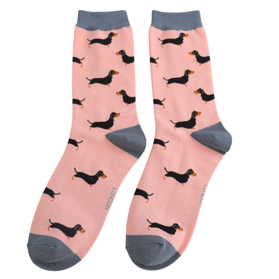 matchbox bamboo socks with a sausage dog theme by Miss Sparrow