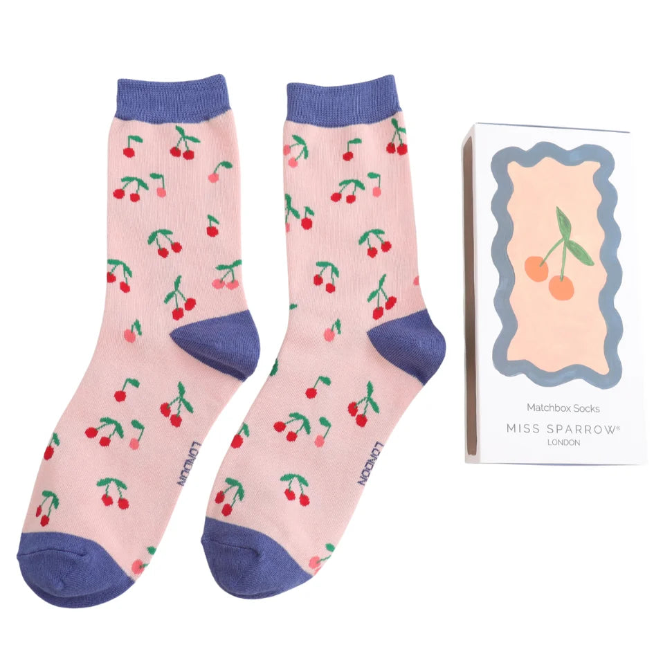 cherry theme bamboo socks in a matchbox style gift box