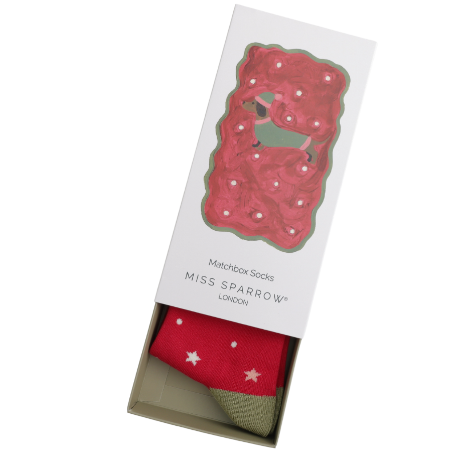 Festive Sausage Dogs Matchbox Bamboo Socks by Miss Sparrow