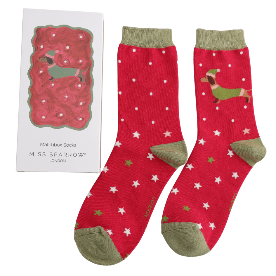 Festive Sausage Dogs Matchbox Bamboo Socks by Miss Sparrow