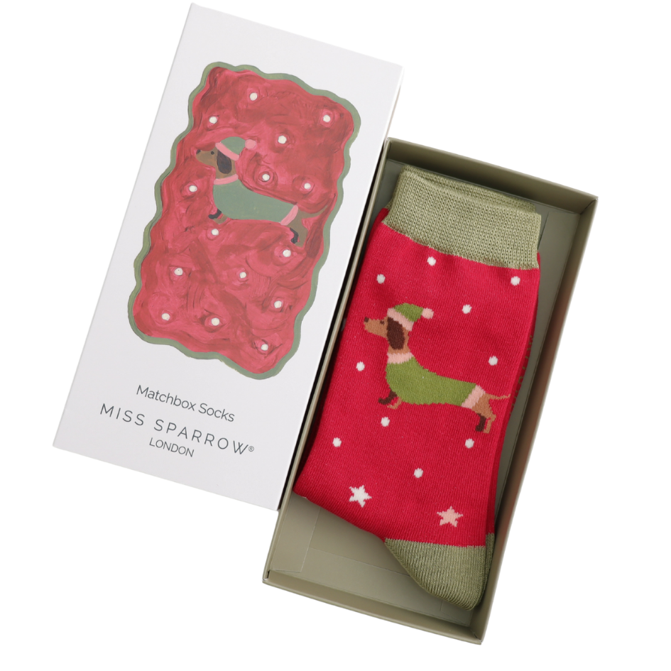 Festive Sausage Dogs Matchbox Bamboo Socks by Miss Sparrow
