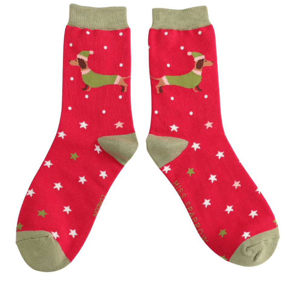 Festive Sausage Dogs Matchbox Bamboo Socks by Miss Sparrow