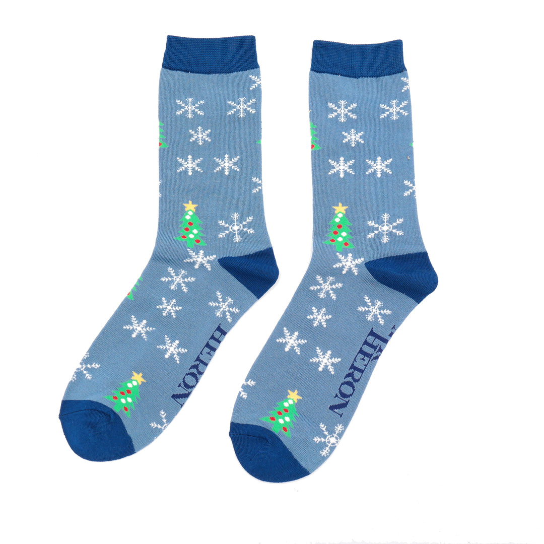 Trees and Snowflakes Bamboo Socks in Denim by Mr Heron