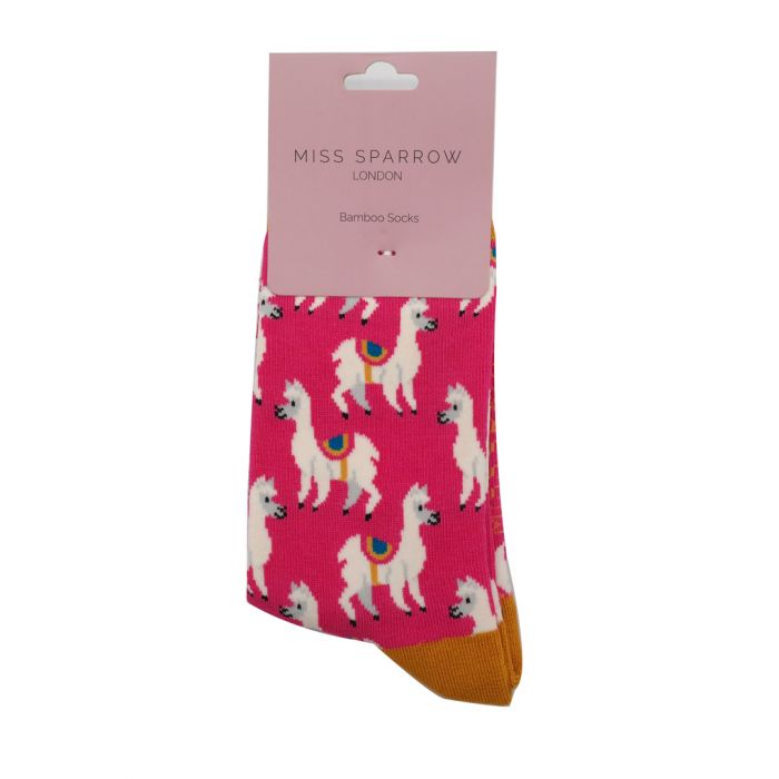 Llamas Bamboo Socks in Hot Pink by Miss Sparrow - detail