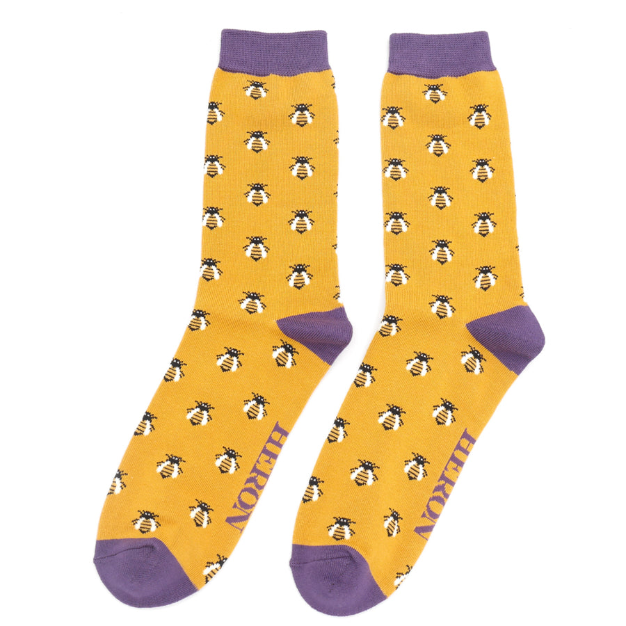 Yellow bamboo socks with bees and purple accents
