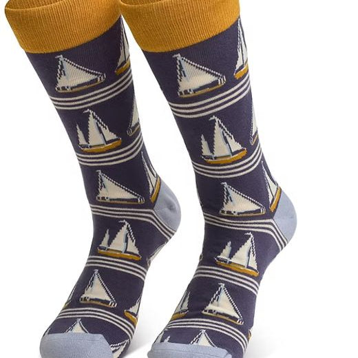 Pair of socks with sailboat pattern