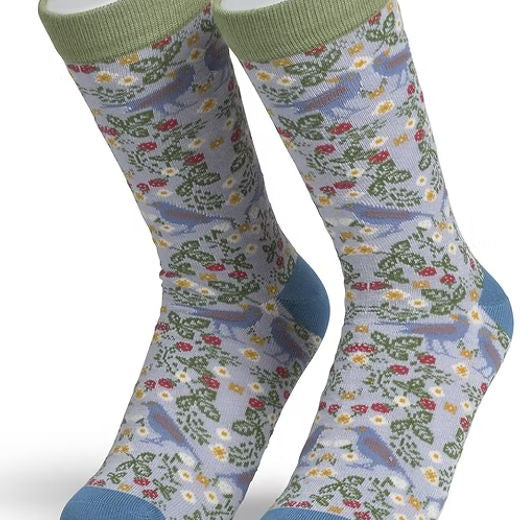 Pair of socks with floral and bird pattern