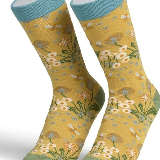 Pair of yellow socks with floral and bee pattern