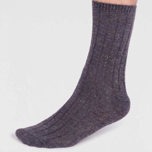 Side view of super soft premium quality wool socks in grey with multic-coloured specks
