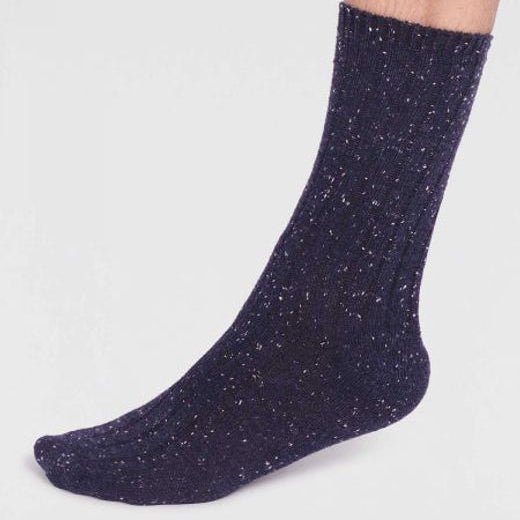 Side view of super soft premium quality wool socks in navy with multic-coloured specks