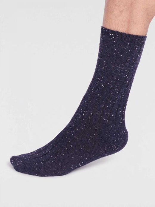 Side view of super soft premium quality wool socks in navy with multic-coloured specks