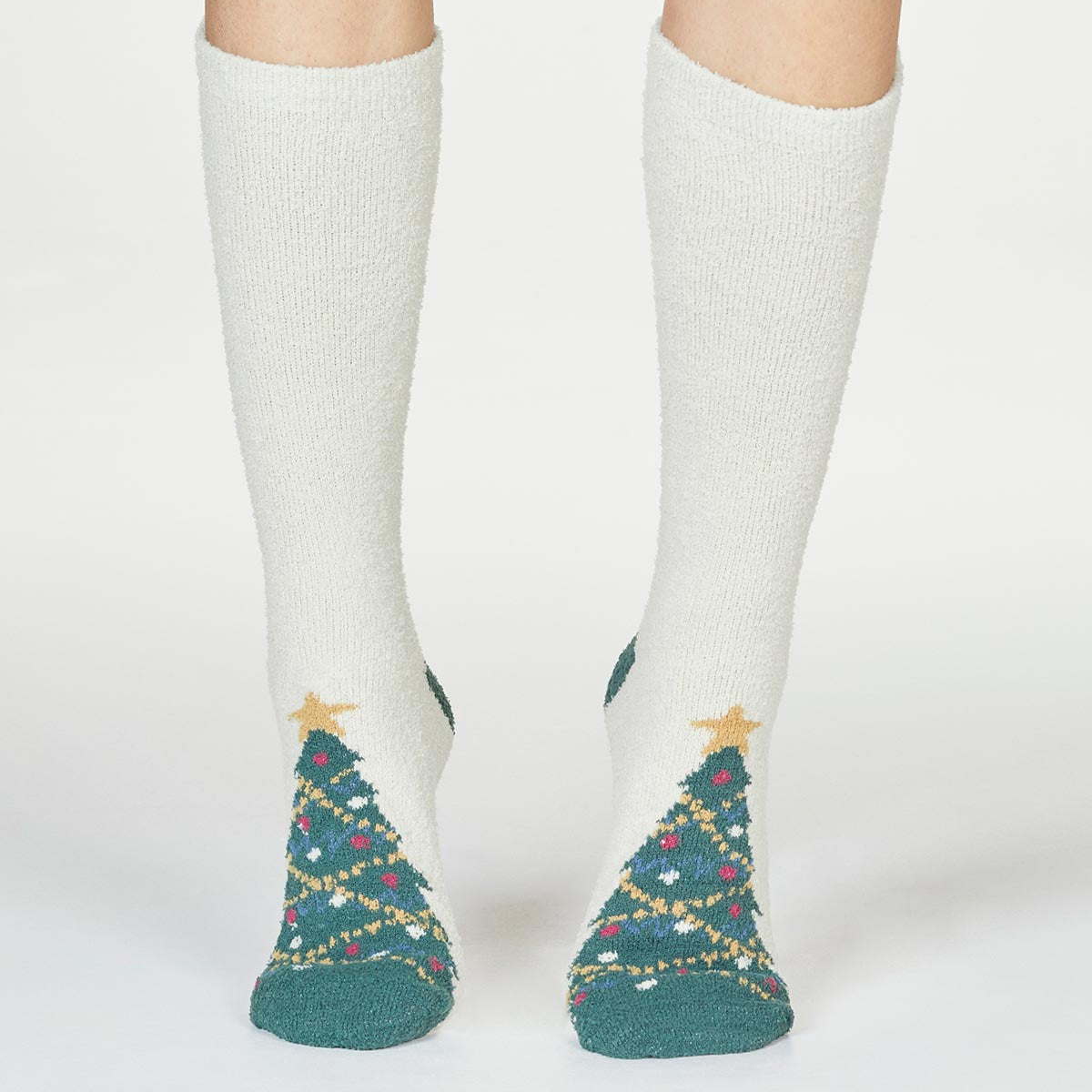 Soft fuzzy polyester under the knee high christmas tree sock in white and green