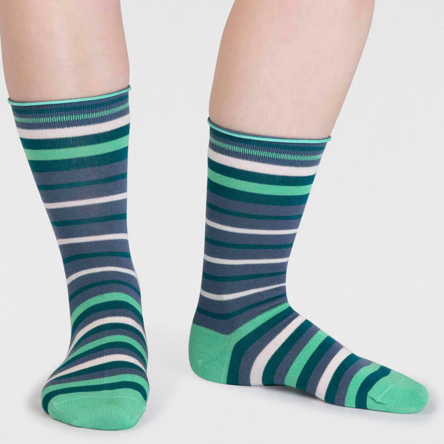 Blue, green and white striped organic cotton and bamboo sock by thought