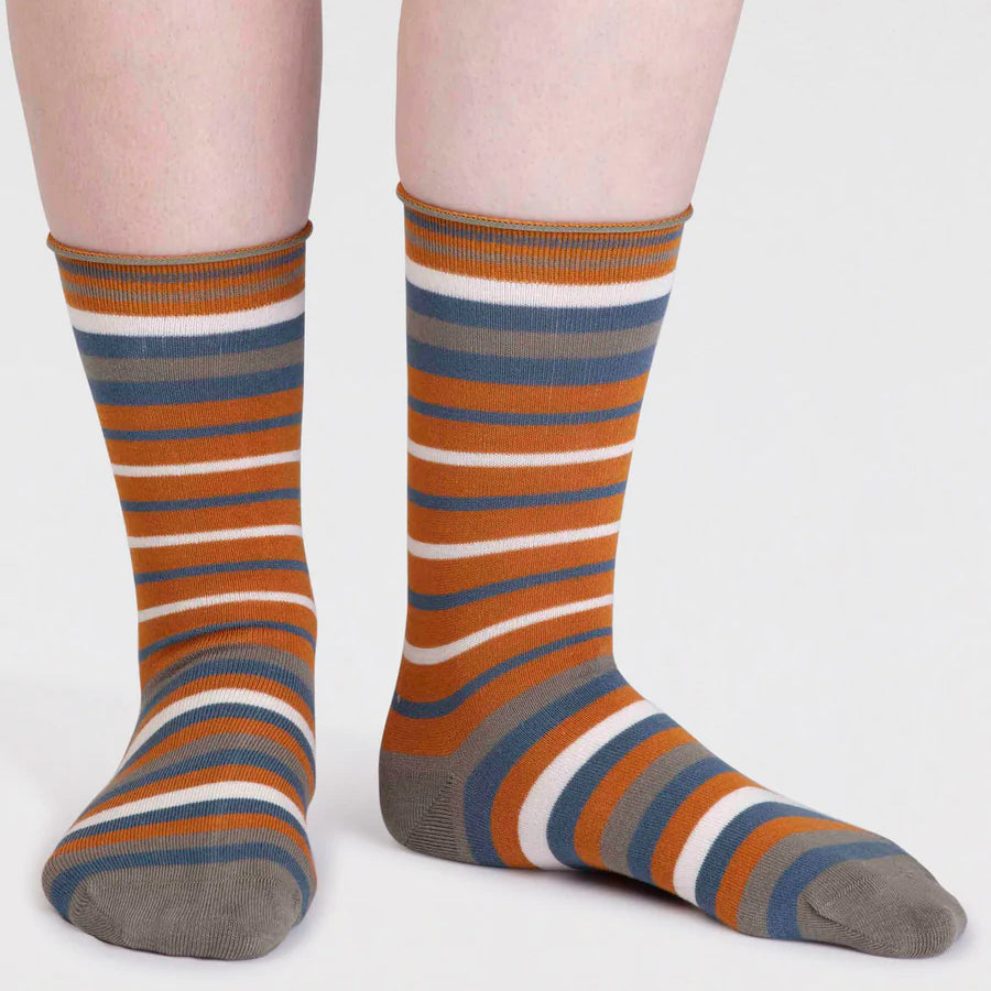 Orange, Grey, Blue and White striped organic cotton and bamboo sock by thought