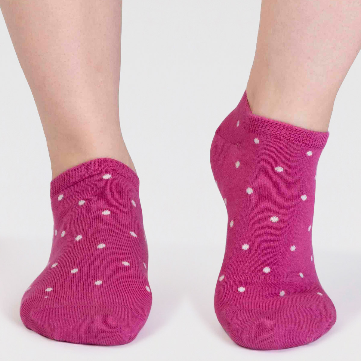 Raspberry Pink trainer socks with white spots