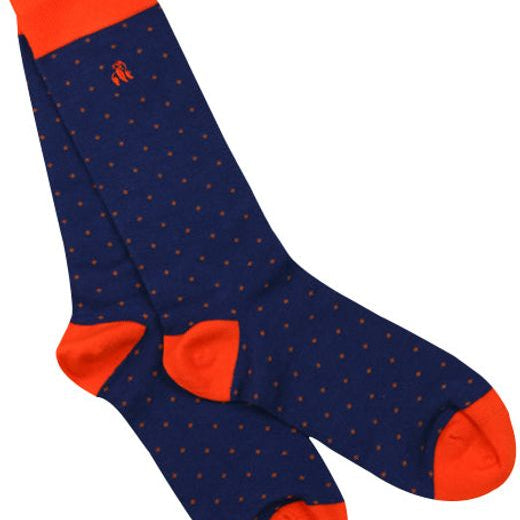 navy bamboo socks with orange dots by Swole Panda
