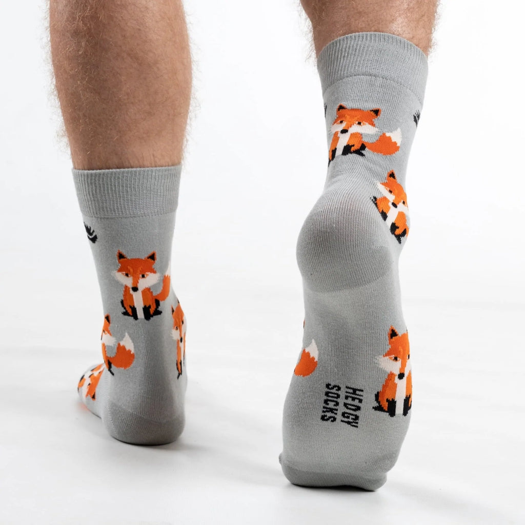 Super soft premium quality bamboo socks with an orange Fox print on a grey background 