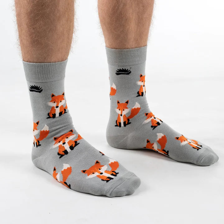 Super soft premium quality bamboo socks with an orange Fox print on a grey background
