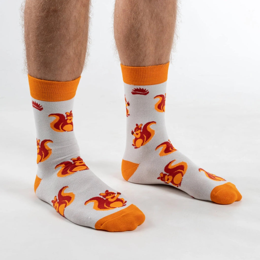 Super soft premium quality bamboo socks with red squirrel print with orange features