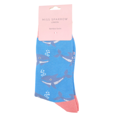 women's blue bamboo socks with a whales theme by Miss Sparrow