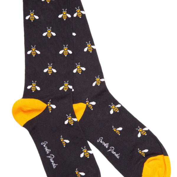 Black bamboo sock with contrasting yellow toe heel and bee print