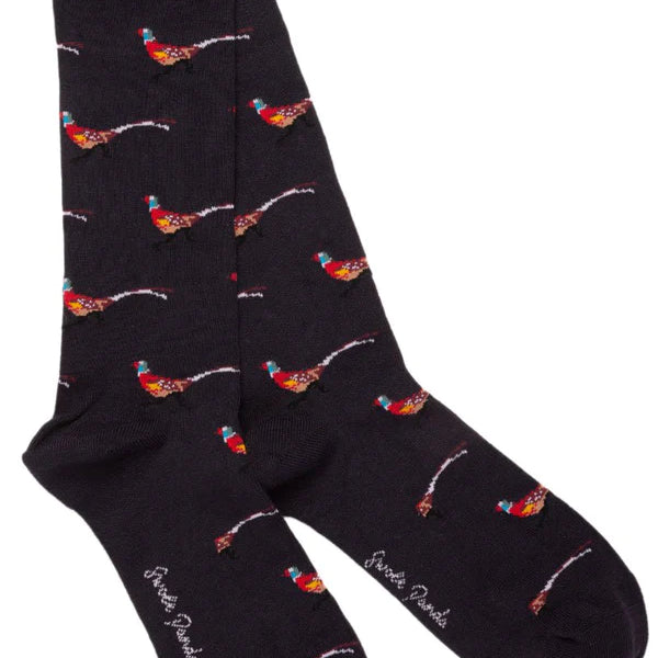 Black bamboo socks with pheasant print with swole panda logo on sole