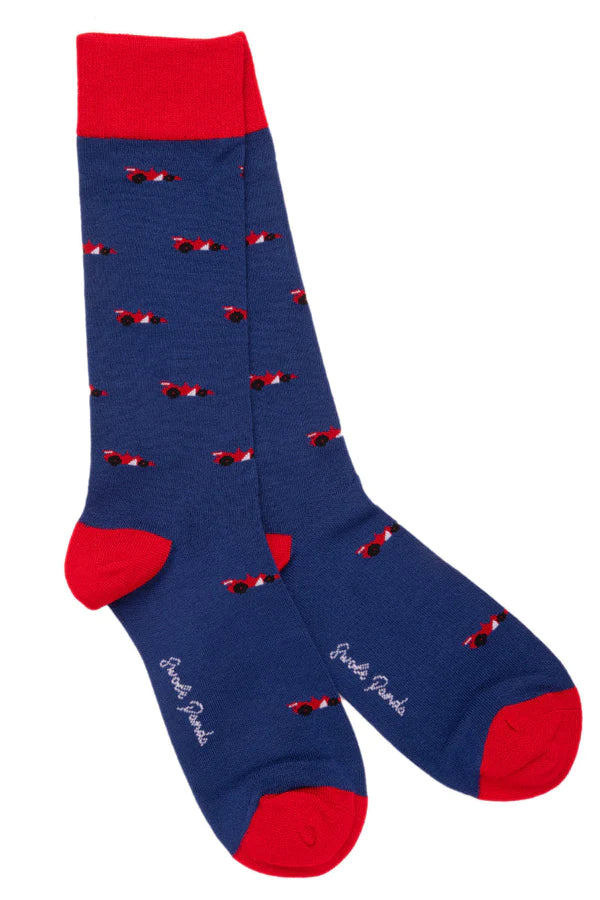 Navy bamboo sock with red contrasting toe, heel and cuff. Featuring a red race car design and swole panda logo on sole of foot.