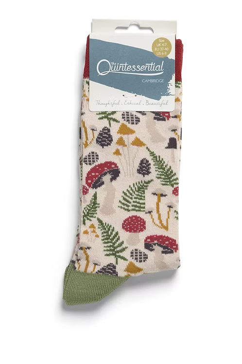 Packaged socks with nature-themed design on a white background