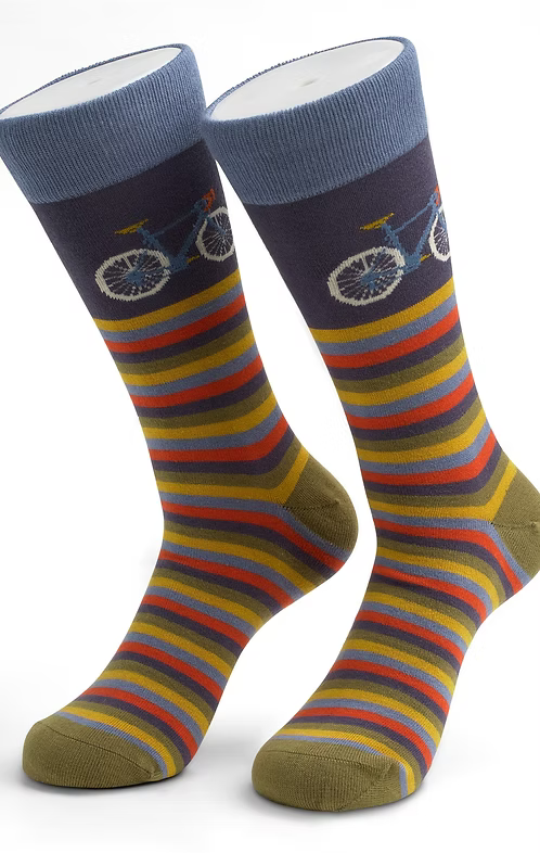 Colorful striped socks with bicycle design