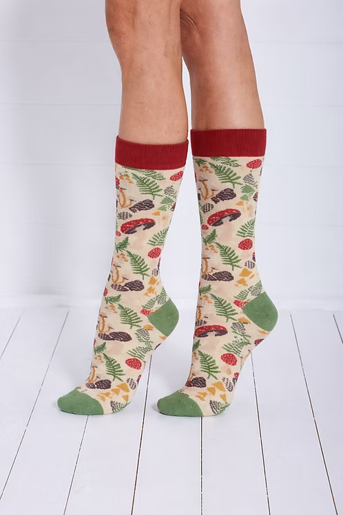 Colourful bamboo patterned socks with mushrooms on a white background