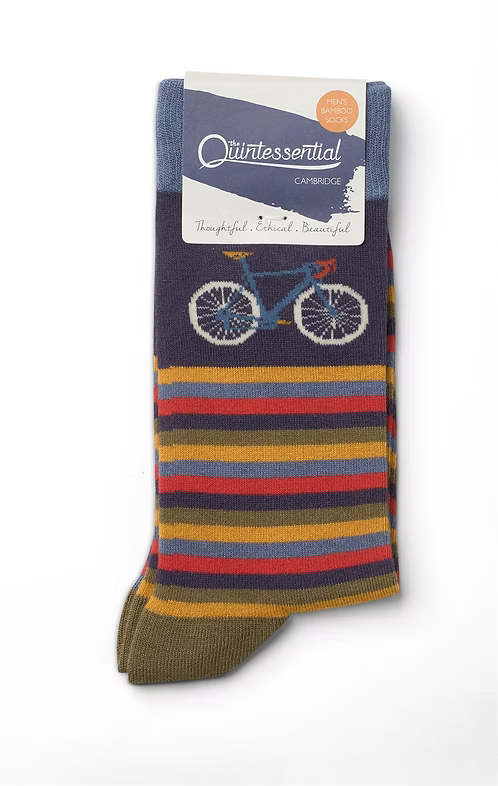 Colorful striped socks with a bicycle design
