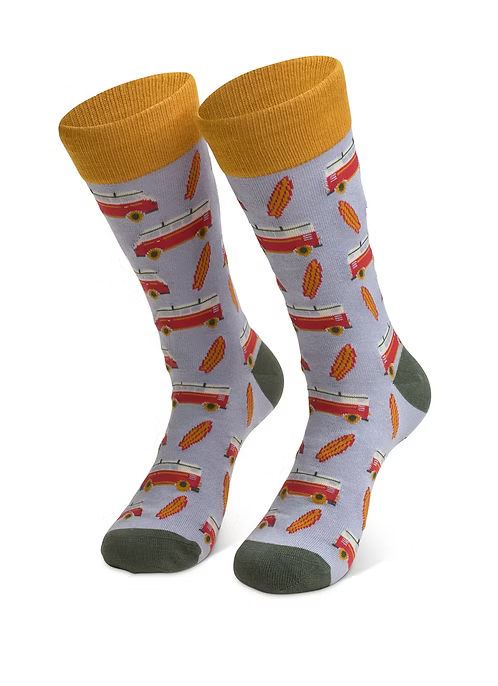Pair of socks with a pattern of surfboards and campervans